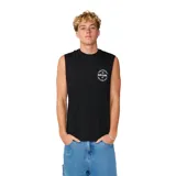 Musculosa Rip Curl Staple Muscle de color negro, con cuello redondo y diseño sin mangas. Presenta un pequeño logo estampado en el pecho.