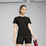 Remera deportiva Puma W Run Velocity Tee de color negro, manga corta y cuello redondo, con pequeño logo reflectante en el pecho.
