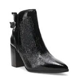 Botas de caña media Bottero modelo Franky, color negro con acabado brillante tipo charol. Presentan punta fina, taco cuadrado y detalle de hebilla metálica lateral.
