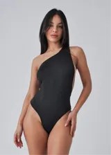 Body negro asimétrico de lycra, con un solo hombro y espalda descubierta.