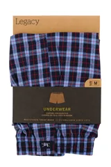 Calzoncillo tipo bóxer de tela a cuadros azul, celeste y rojo. Tiene cintura elástica y está confeccionado en 100% algodón.