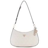 Cartera Guess modelo Noelle II de formato hobo, color beige con estampado de logo de la marca. Presenta herrajes dorados, placa triangular con logo frontal y charms colgantes. Incluye correa ajustable y cierre superior.