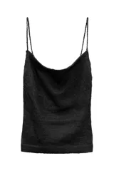 Top de punto color negro con escote drapeado y breteles finos trenzados.