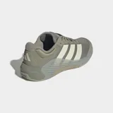 Championes de entrenamiento Adidas Dropset 4 Power, color gris con detalles en blanco. Diseñados para levantamiento de pesas y entrenamiento funcional, cuentan con tecnología Repetitor para retorno de energía, pods Geofit en el talón y suela de caucho Continental para mayor agarre.
