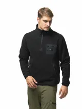 Buzo de polar negro con cuello alto y medio cierre frontal. Presenta un bolsillo en el pecho con cierre y detalles en nylon, además de bolsillos laterales con cierre.