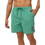 Short de baño verde con cintura elástica ajustable con cordón y logo estampado en la pierna.