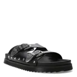 Sandalias de mujer Miss Carol modelo Zunna, color negro con doble tira ancha, hebillas metálicas plateadas de estilo western y tachas decorativas en el borde de la suela con plataforma dentada.