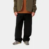 Pantalón negro de lona Marshall, corte holgado y talle regular, con paneles anchos en las rodillas, triple costura, bolsillos para herramientas y presilla para martillo.