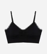 Soutien top largo negro de microfibra sin aro ni costuras, con relleno removible, breteles finos y detalle de encaje en el escote.
