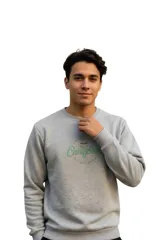 Buzo de felpa gris melange, con cuello redondo y diseño clásico de manga larga. Presenta un estampado frontal con la inscripción "California" en color verde.