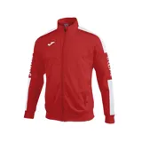 Campera deportiva Joma Champion IV, color rojo con detalles en blanco en hombros y mangas. Cierre frontal con cremallera, cuello alto y bolsillos laterales.