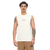 Musculosa Quiksilver de color blanco, sin mangas, con pequeño estampado ovalado en el centro del pecho.