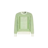 Sweater Lacoste de tejido de punto en color verde claro y blanco, con cuello redondo y diseño gráfico frontal inspirado en una cancha de tenis.