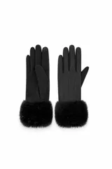 Guantes negros de cuero con detalle de puño de piel sintética y costuras decorativas en el dorso.