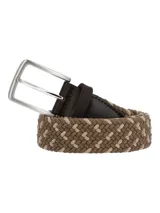 Cinturón elástico trenzado en tonos marrón y beige, con terminaciones en cuero marrón y hebilla plateada.