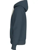 Buzo Tommy Hilfiger de felpa de algodón color azul con capucha, cordón ajustable, bolsillo canguro, puños y bajo de punto canalé, y logo bordado en el pecho.