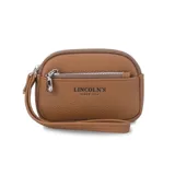 Monedero de mano con diseño rectangular y textura granulada, marca Lincoln's. Cuenta con cierre perimetral, bolsillo frontal con cierre y correa de muñeca integrada.