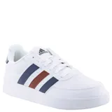 Championes urbanos Adidas modelo Breaknet 2.0, color blanco con las icónicas tres tiras laterales en azul y rojo. Presentan un diseño clásico de corte bajo con cierre de cordones y suela de goma.