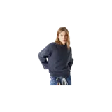 Sweater de punto color azul pizarra, con cuello redondo, mangas largas anchas y el texto bordado en la parte trasera 'EMESTUDIOS ALWAYS GRATEFUL N° 5135'.