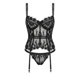 Corset negro de encaje floral y transparencias con portaligas ajustables y tanga a juego.