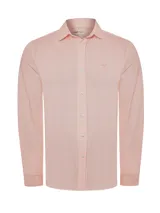 Camisa de manga larga RKF, color rosado con estampado de líneas verticales finas. Presenta cuello camisero, cierre frontal con botones y logo bordado en el pecho.