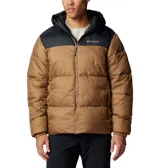 Campera puffer Columbia Puffect II Hooded para hombre, color marrón con capucha y parte superior en negro. Cuenta con aislamiento Thermarator™, tejido deperlante al agua, protector de mentón, bolsillos laterales con cremallera y puños elásticos.