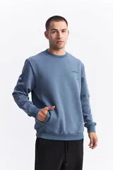 Buzo de cuello redondo en color azul, con diseño de calce regular. Presenta bolsillos laterales integrados, puños y ruedo acanalados, y un pequeño estampado gráfico en el pecho. Incluye un detalle de etiqueta en la manga derecha.
