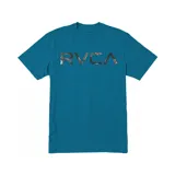 Remera azul con estampado floral en el logo de RVCA.