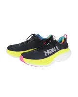 Championes de running Hoka Bondi 8 para mujer, color negro con detalles en amarillo, rosa y celeste. Capellada de malla técnica, entresuela de espuma ligera y suela de goma Durabrasion.