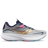 Championes de running Saucony Ride 15, color gris con detalles en azul marino, rosa y dorado.