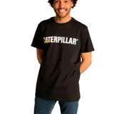 Remera negra de manga corta con cuello redondo y logo de Caterpillar estampado en el pecho en color blanco y amarillo.