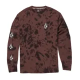 Remera de manga larga Volcom con estampado tie-dye en tonos bordó y negro. Presenta el logo de la marca estampado en el pecho y repetido a lo largo de la manga derecha.