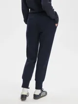 Pantalón tipo jogger de color azul marino, corte entallado (slim) con puños ajustados en los tobillos y tiro medio. Presenta cintura elástica con cordón de ajuste y bolsillos laterales.