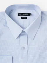 Camisa de vestir de manga larga en color celeste con un sutil patrón de micro cuadros y rayas. Presenta cuello clásico, cierre frontal con botones y puños abotonados.