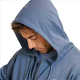 Canguro azul con cierre frontal completo, capucha ajustable con cordón, bolsillo tipo canguro y logo de la marca estampado en el pecho.
