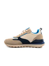 Championes Umbro Venturi para hombre, confeccionados en cuero y malla. Diseño en tonos beige, azul marino y detalles en azul vibrante, con suela dentada de EVA y TPR.