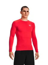 Remera de compresión Under Armour HeatGear de manga larga, color rojo con logo blanco en el pecho. Ideal para entrenamiento.