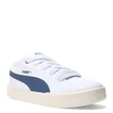 Championes urbanos Puma modelo Park Life Style Easy, de corte bajo, color blanco con detalle de franja lateral en azul oscuro y suela de goma en tono crema.