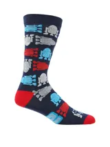 Medias de caña media color azul marino con estampado de droides R2-D2 en tonos rojo, celeste, blanco y gris. Presentan talón y puntera en color rojo.