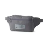 Riñonera gris con logo Puma estampado en el frente. Cuenta con un compartimento principal con cierre, un bolsillo delantero con cierre y correa ajustable con hebilla.