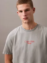 Remera gris de algodón con logo Calvin Klein Jeans estampado en rojo en el pecho.