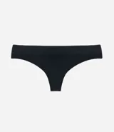 Bombacha de bikini hilo tipo vedetina, color negro, confeccionada en poliamida seamless con acabado texturizado de canalé y cintura ancha.