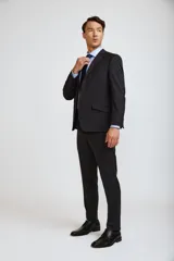 Traje de dos piezas compuesto por saco de corte clásico con solapas y pantalón de vestir a juego. Confeccionado en tejido de poliviscosa, presenta un diseño elegante y estructurado ideal para eventos formales o entornos profesionales.