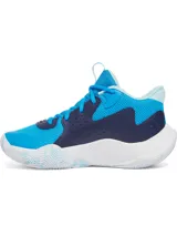 Championes de básquet Under Armour modelo Jet 23, con diseño en tonos azules y blancos. Presentan una parte superior de materiales mixtos para mayor durabilidad y transpirabilidad, entresuela Micro G para amortiguación y suela de goma con patrón de tracción anatómico.