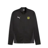 Campera deportiva negra con detalles en gris, cierre frontal y bolsillos laterales con cierre. Presenta el logo de Puma en blanco en el lado izquierdo del pecho y el escudo del Club Atlético Peñarol en el lado derecho.