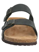 Sandalias de cuero color azul navy marca RKF, modelo Charly II, con dos tiras ajustables con hebillas metálicas y suela de corcho con base de goma.