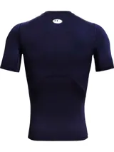 Remera deportiva Under Armour de compresión, color azul marino, de manga corta y cuello redondo. Cuenta con el logo de la marca impreso en blanco en el pecho y diseño ergonómico de secado rápido.