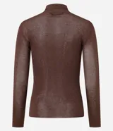 Blusa Cortelle de cuello alto y manga larga, confeccionada en punto marrón con textura fina, leve transparencia y hilos con brillo discreto.