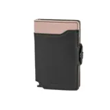 Billetera tarjetero de cuero con diseño bicolor en negro y rosado, con sistema de apertura automática y cierre con broche a presión.