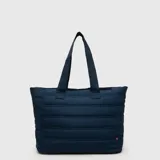 Tote bag acolchada de color azul marino, con diseño de costuras horizontales, doble asa superior y bolsillo frontal con cierre. Incluye compartimento interno para laptop.